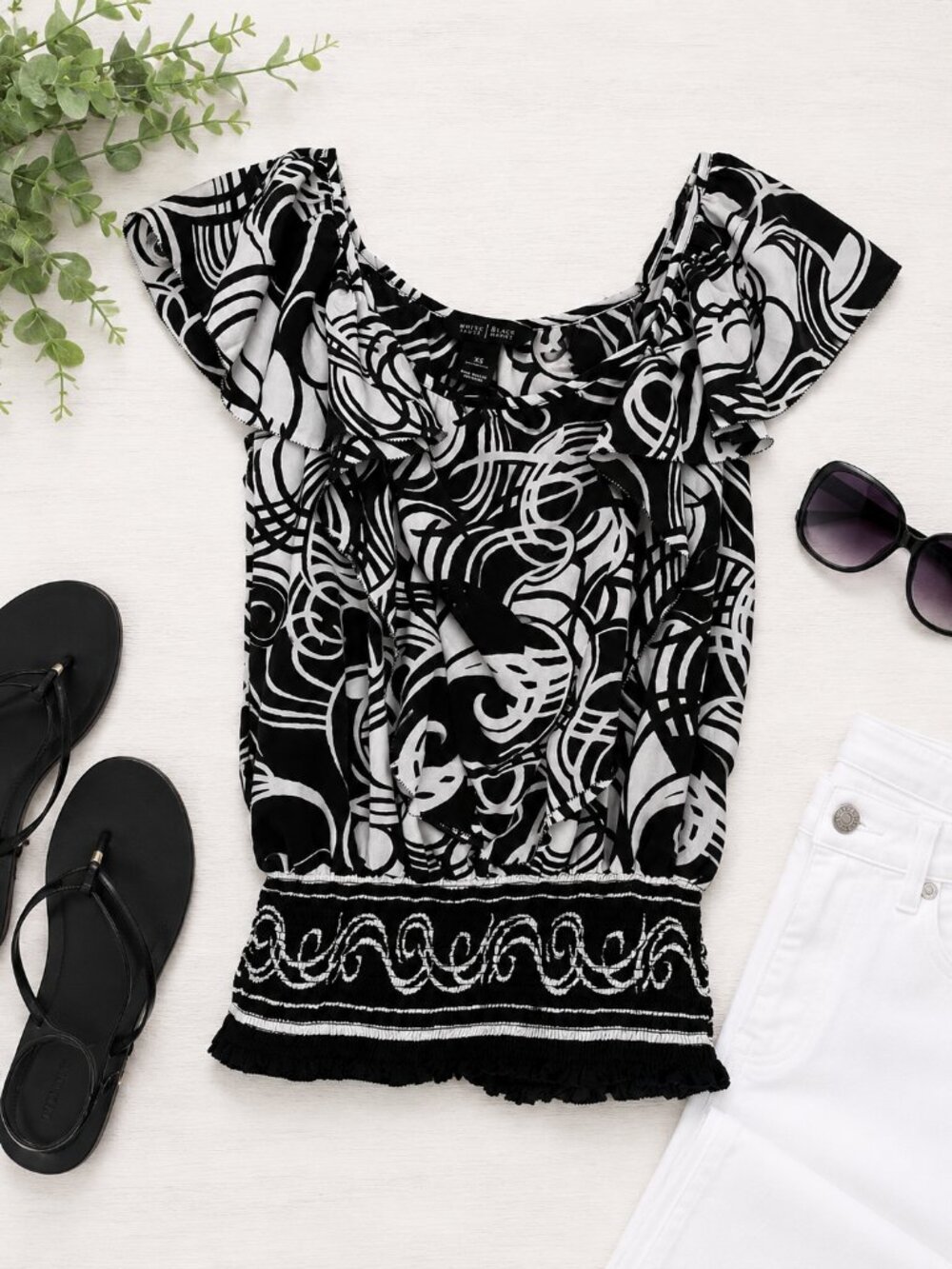 White House Black Market Top XS Black White Ruffle Smocked Waist